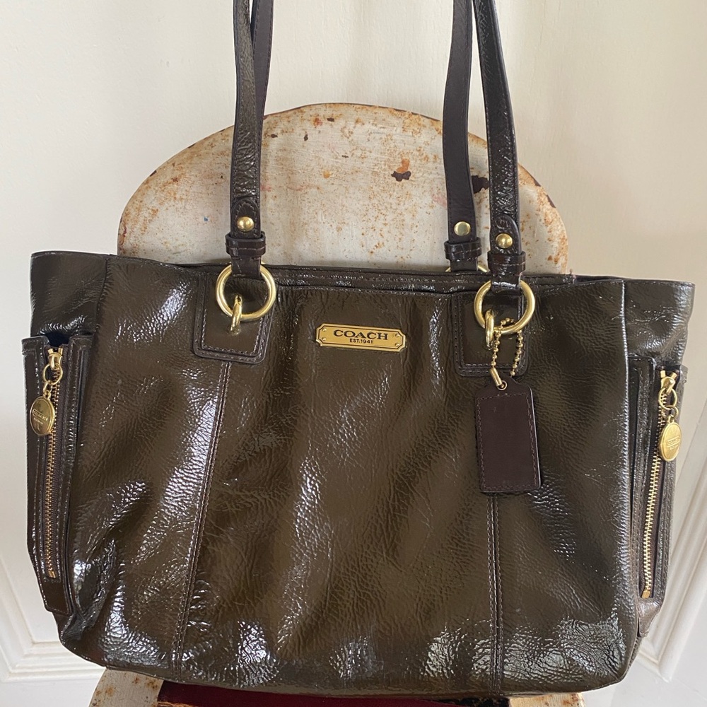 Coach Gallery Zip Tote in mahogany brown patent leather.